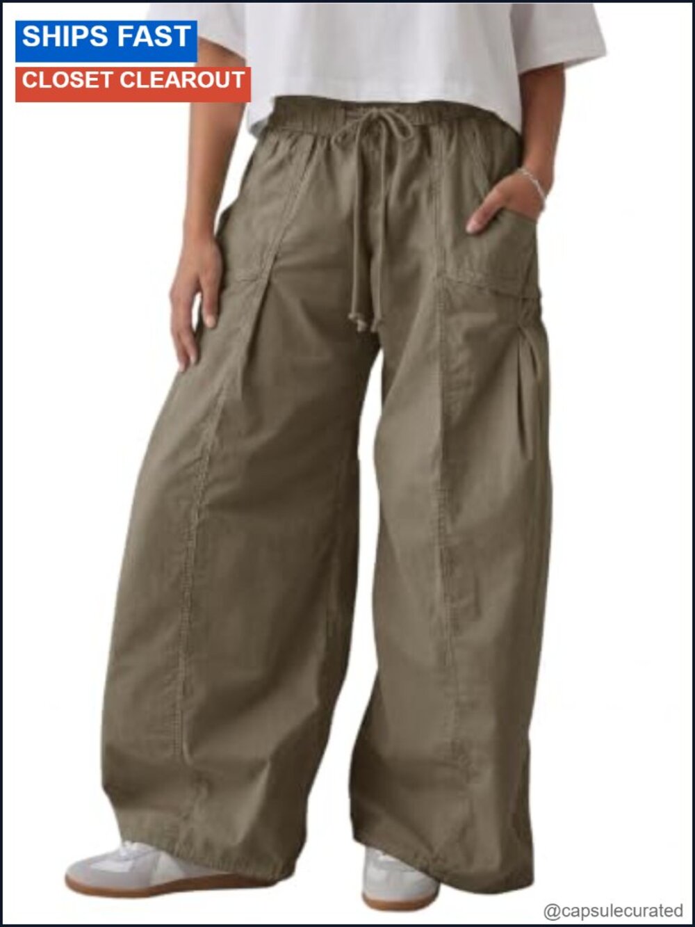 Wide Leg Cargo Pants High Rise Cotton Blend Drawstring Casual
